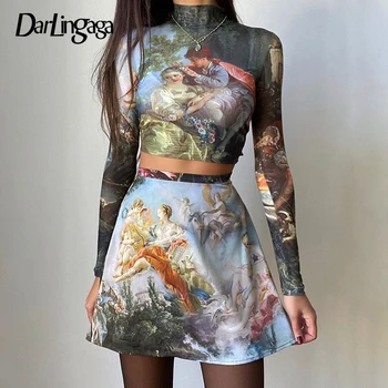 

Darlingaga Retro Aesthetic Angel Print Two Piece Set Women Skinny Long Sleeve Crop Top and Mini Skirt Matching Sets Fashion Suit