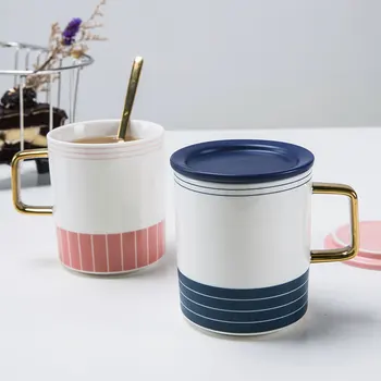 

Stripes Gilded In Gold Men and Women Simple Mug with Lid Northern European-Style INS Ceramic Cup A Pair Coffee Cup Water Bottle