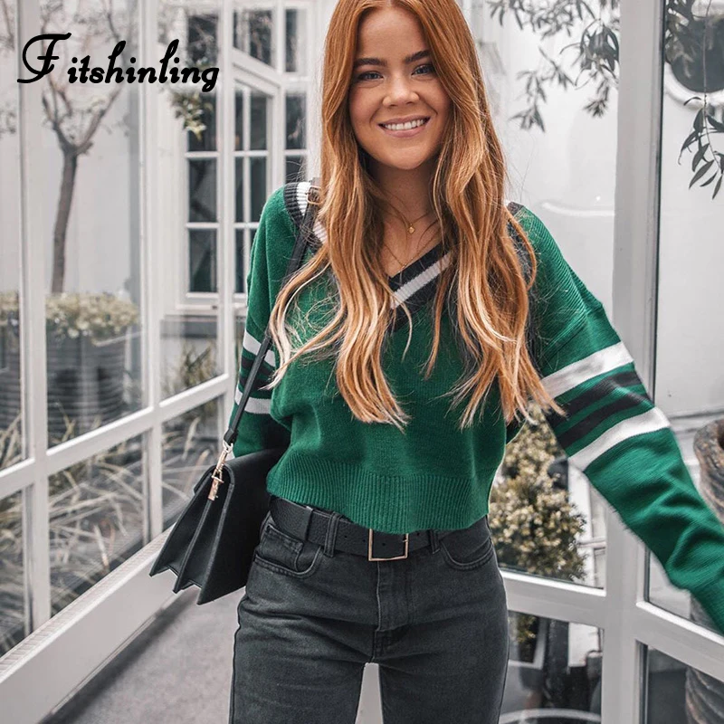 

Fitshinling Striped V Neck Sweater Female 2019 Autumn Winter Green Sweaters For Women Long Sleeve Pullovers Knitted Clothing New