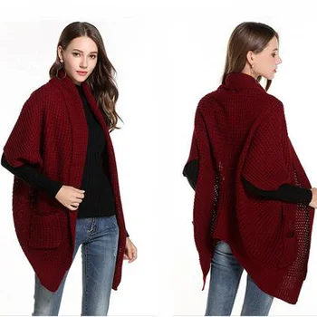 

Autumn Burgundy Knitted Poncho Sweaters Women Batwing Sleeve Poncho Sweater Female Crochet Oversized Long Cardigan Korean Sueter