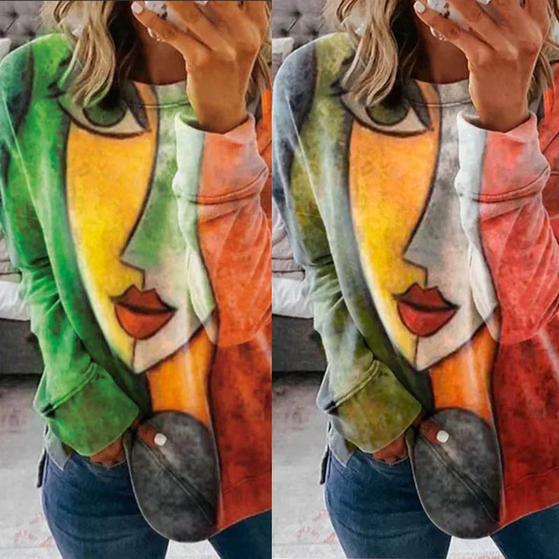 De talla grande camiseta Top informal de Otoño de las mujeres Harajuku abstracto chica impresión manga larga o-Cuello suelto Tee camiseta de mujer Streetwear