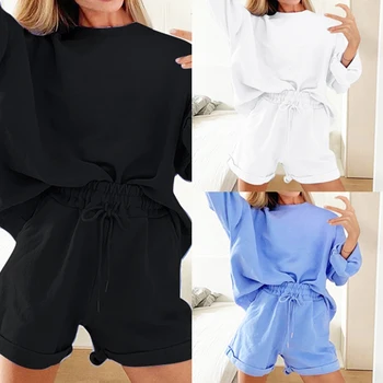 

Casual Women Tracksuit Two Piece Set Sweatshirt and Shorts Sportswear Outfit Solid Summer Autumn