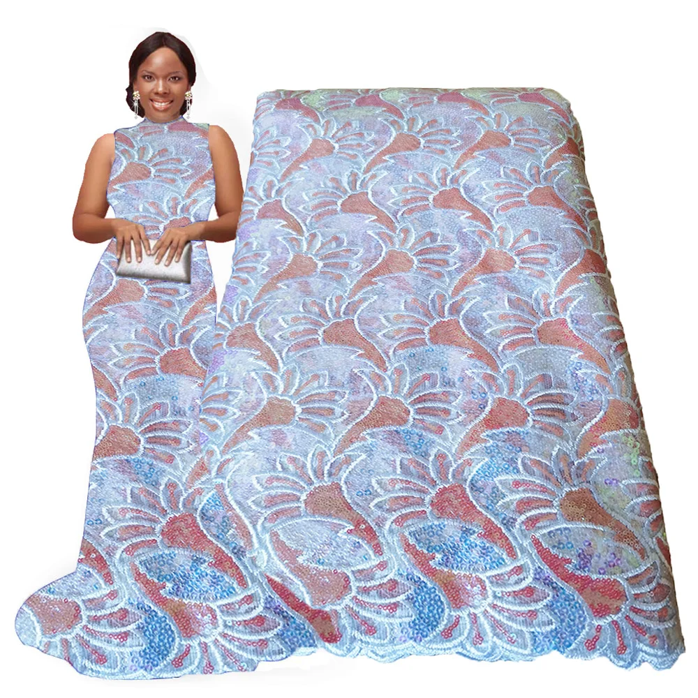 

Peach Blue African Lace Fabrics High Quality Lace Embroidery Sequins Lace Fabric for Nigerian Aso Ebi Wedding Dresses