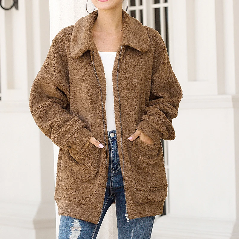 

2019 Women's Coat Lapel Fleece Fuzzy Faux Shearling Zipper Pockets Loose Coat Outdoor Sport Causal Party Winter Coat