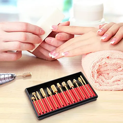 12PCS Professional Nail Drill Bits Set Electric Nail File Carbide Bit Silver Gold Nail Art Tools 3/32'' with Storage Case Holder 5