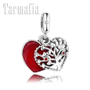

DIY Gift 925 Sterling Silver Red enamel Life Tree hearts fine Pendant Beads Fit Original Pandora Charm Bracelet Jewelry making