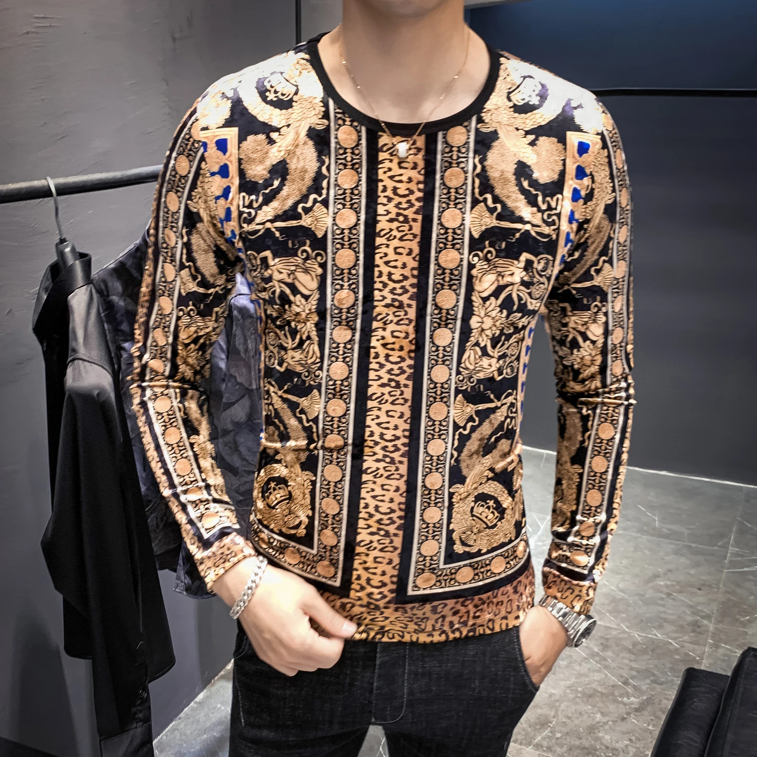 Picture color Модные дизайнерские футболки Hombre, новые бархатные футболки, мужские футболки, облегающие футболки с модным принтом, футболки с длинными рукавами, Клубные наряды - Цвет: Picture color