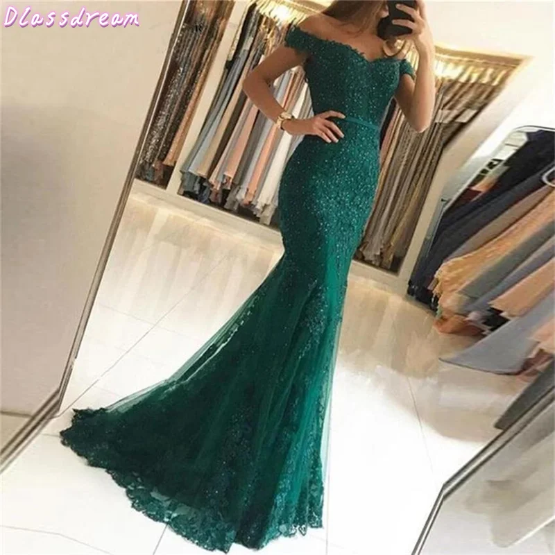 

Luxury Dark Green Prom Dress Off Shoulder Beading Sequins Satin Sexy Mermaid Sweep Train Button Evening Dress  
