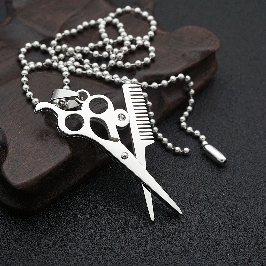Hair Stylist Scissors and Comb Crystal Charm Stainless Steel Pendant Necklace 19.6 inch Chain