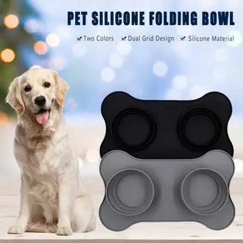 

Double Dog Bowl Silicone Folding Dog Feeder Bowl Portable Travel Bowls Dog Water Food Container Feeder Pet Accessories