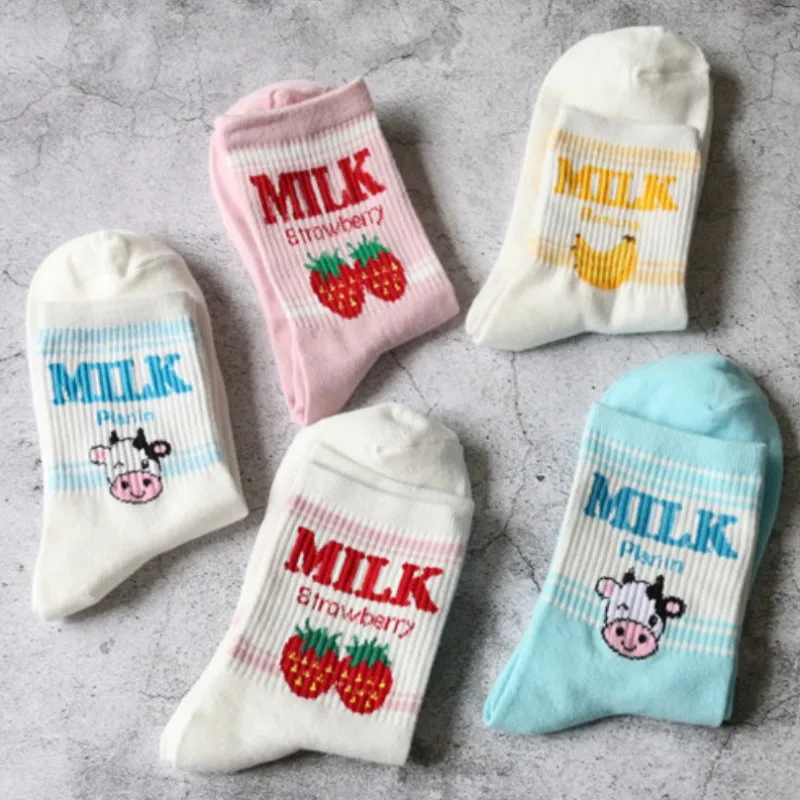 Pile Heap Milk Women Pink Socks Cotton Cartoon Fruit Print Cute Socks Meias Korean Harajuku Style with Cow Strawberry Banana 39