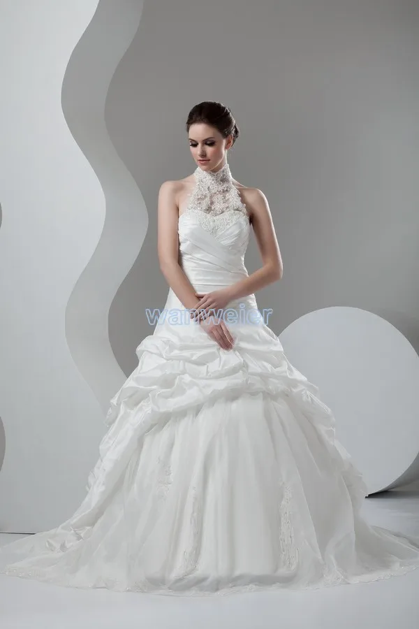 

free shipping 2016 new design hot seller custom size/color appliques taffeta halter bridal ball gown white/ivory wedding dress