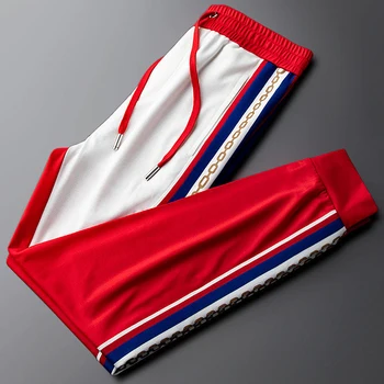 

European and American men's new spring thin luxury casual trousers side stripes drawstring slim drawstring sports trousers