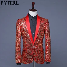 PYJTRL Мужские красные васильковые, золотые цветы блестки Необычные Блестки Свадьба для певицы для сцены костюм куртка годовой Блейзер ди-Джея с галстуком-бабочкой
