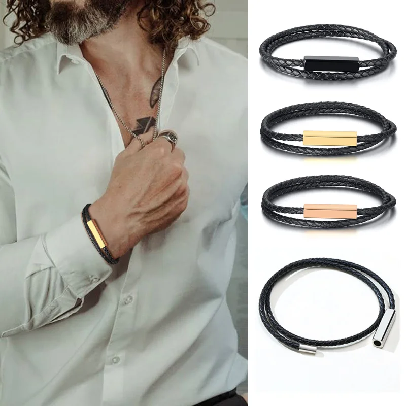 

GENTS BAR BRACELETS BRAIDED LEATHER DOUBLE WRAP BRACELETS MALE STAINLESS STEEL ENGRAVABLE WRISTBAND BRACELET GIFT FOR HIM