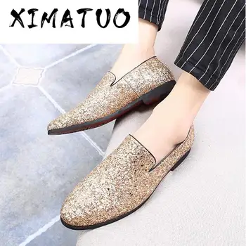 

Gold Mens Shoes Casual Fashion Nightclub Bars Party Superstar Shoes Slip-on Gold Sequin Wedding Mens Loafers mocassin homme