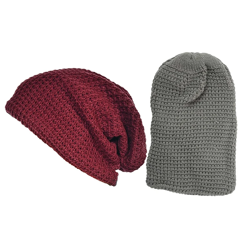 

2x Mens Slouchy Long Beanie Knit Cap for Summer Winter Oversize Jujube Red & Gray