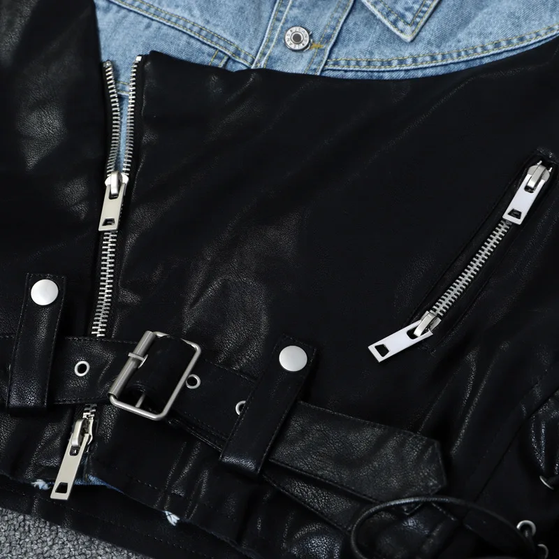 DEAT осенняя и зимняя куртка с отложным воротником и длинными рукавами из джинсовой и искусственной кожи в стиле пэчворк на молнии с поясом WJ05501L