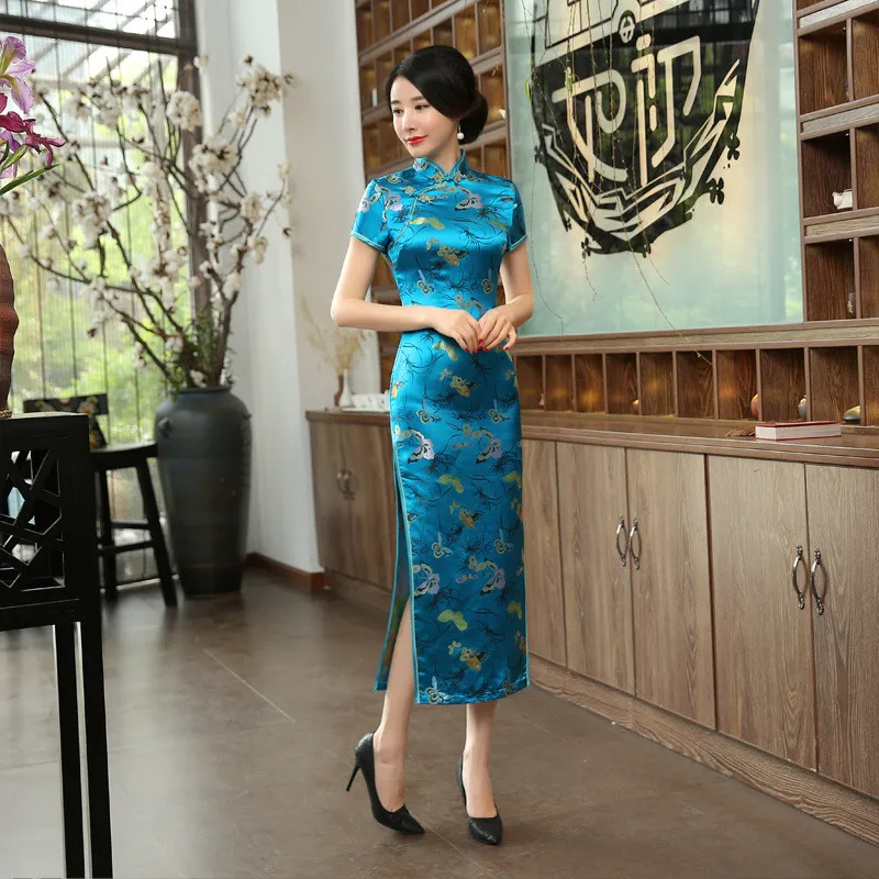 Традиционное китайское платье для женщин сексуальное с коротким рукавом Qipao голубое Cheongsam вечернее формальное платье Элегантное Цветочное платье Vestidos