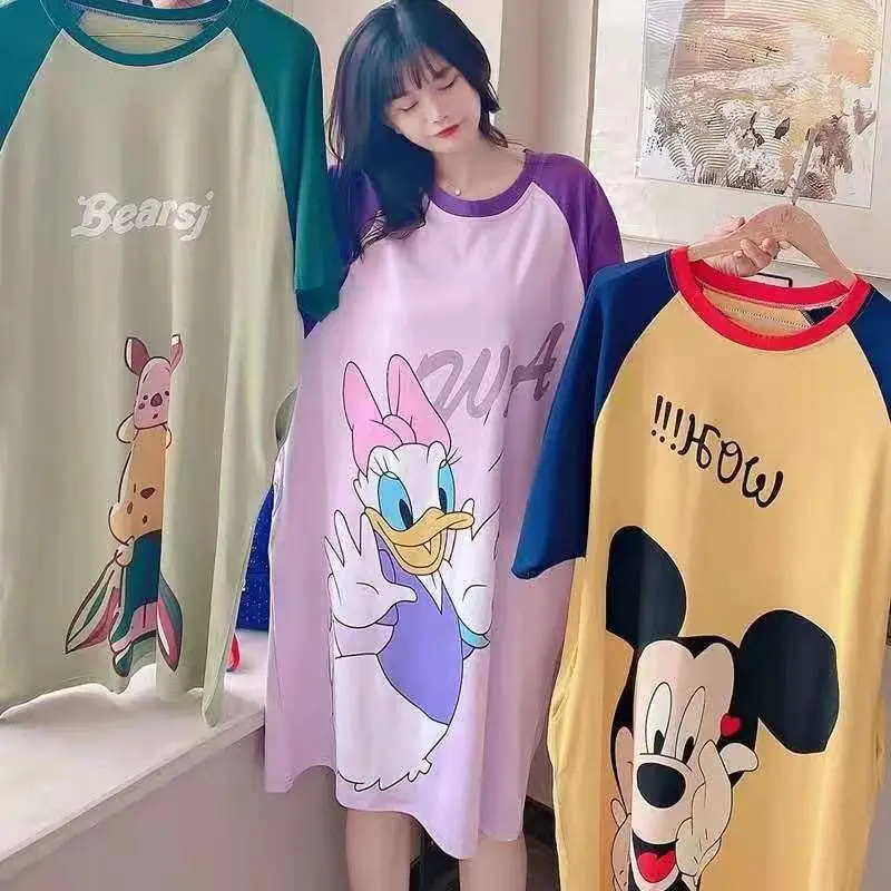 Cartoon Mickey Duck Fashion Print Summer Short Sleeve Nightdress Pajamas Women's Summer Long Skirt Loose Home Wear Pajamas For Summer Home Clothes Set