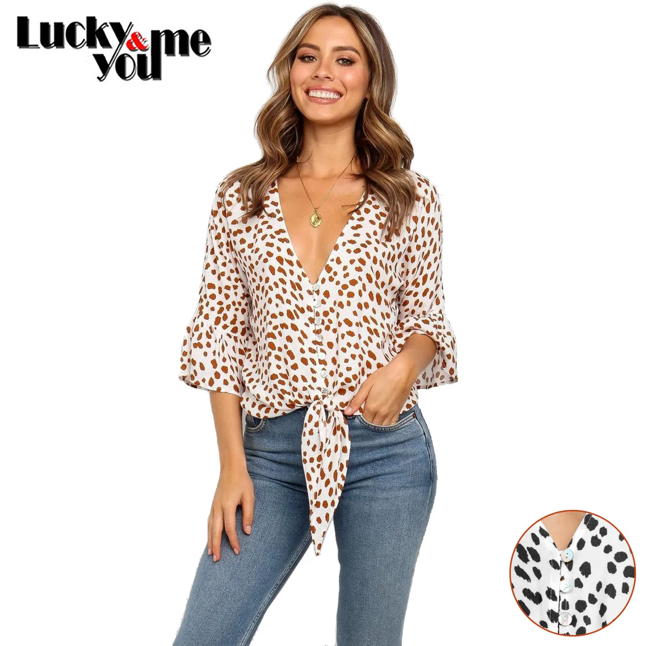 

New Arrive 2020 Women Summer Fashion Loose Print Dot Chiffon Three Quarter Flare Sleeve Shirts Girls Sexy Deep V-Neck Shirt Tops