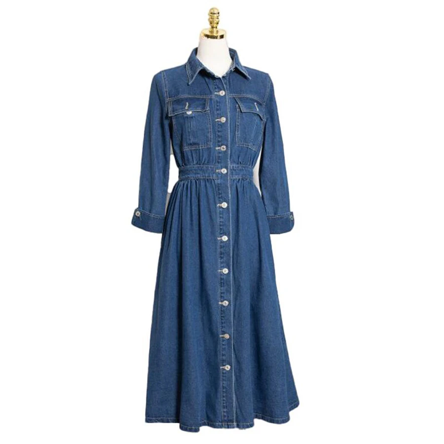 

Vintage Single-breasted High Waist Swing Dress Women Spring Casual Turn-down Collar Long Sleeve Denim Dress Female Midi Dresses