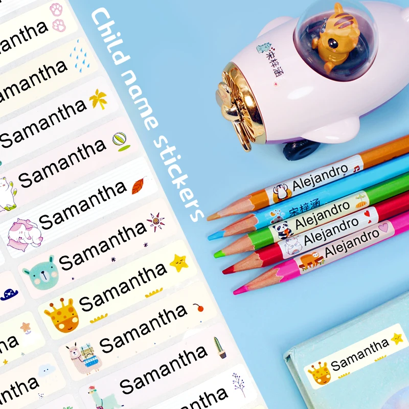 Pegatinas personalizadas con nombre, etiquetas impermeables, para niños, escuela, papelería, oficina, variedad de agua