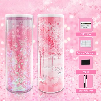ポータブル多機能ペンケースセットペンホルダーミラーソーラー電卓円筒ボックス流砂半透明abs