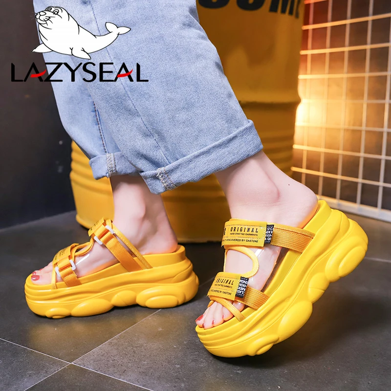 LazySeal тапочки на платформе женские шлепанцы с буквами Прозрачные 8 см новые летние