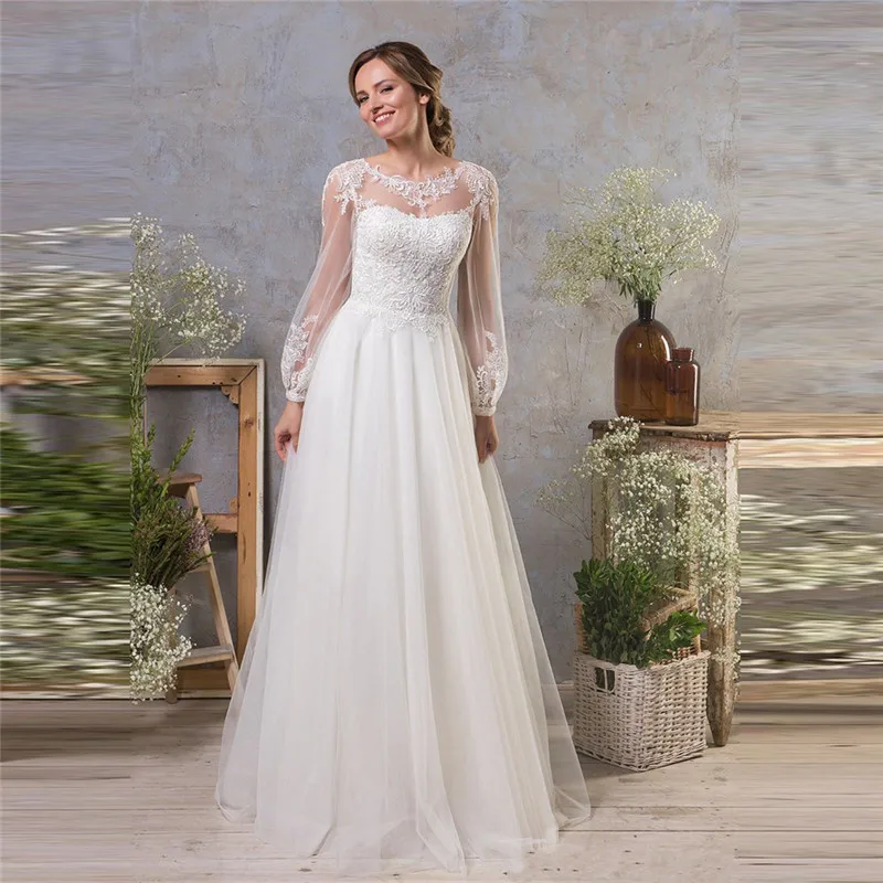 

Amazing 2021 Flare Long Sleeves A-Line Wedding Dress With Lace Appliques V-Shape Backless Bridal Gowns Customized Robe De Mariee