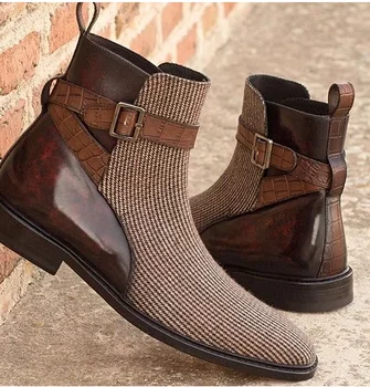 

2020 Men's Shoes New Fashion Handmade Pu Leather Classic Monk Strap Boots Low Heel Stylish Casual Chelsea Boots Zapatos 4M876