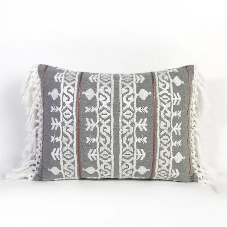 Linen Embroidery Cushion Cover Boho Plain Ethical Floral Pillow Case with Tassels For Sofa Seat Simple Home Decor
