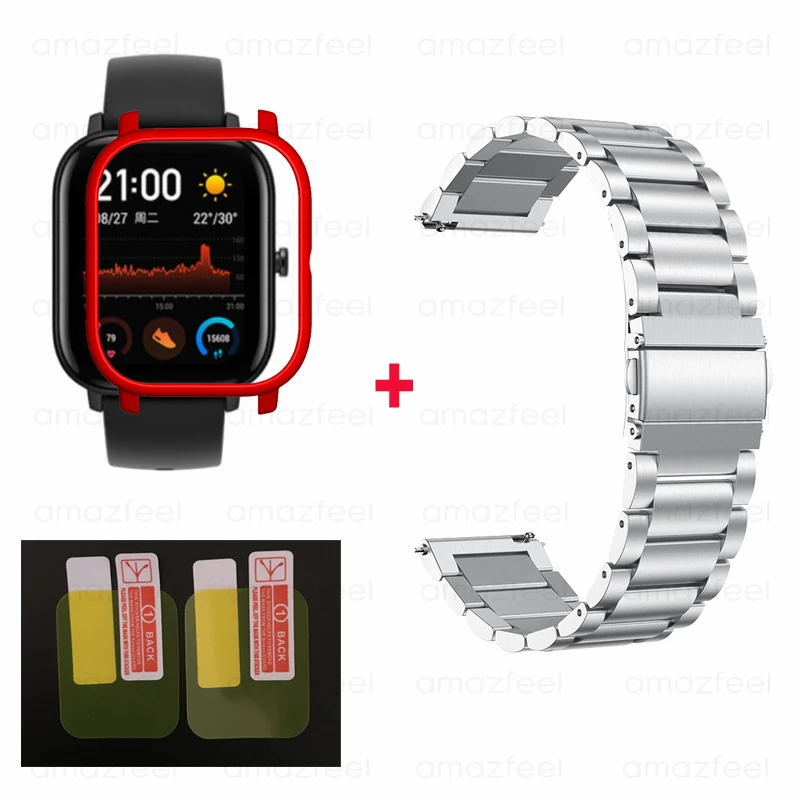silver-red 4в1/упаковка умные часы аксессуары для Amazfit GTS ремешок браслет для Huami Amazfit gts чехол Защитная пленка для экрана ремешок на запястье - Цвет: silver-red