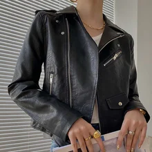 

Women Short Coat Female Faux Leather Jackets PU Fashion 2021 Autumn Winter Turn-Down Collar Zippers Belt Motorcycle Gothic Punk