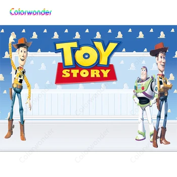 

Kids 1st Bithday Party Photography Cowboy Woody with Buzz Lightyear Blue Wall with White Clouds White Floor Background Backdrops