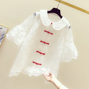 

Woman New Fashion Summer Autumn Lace Shirt White Lace Blouse Temperament Doll Collar Loose Short Sleeve Shirt Blouse Nancylim