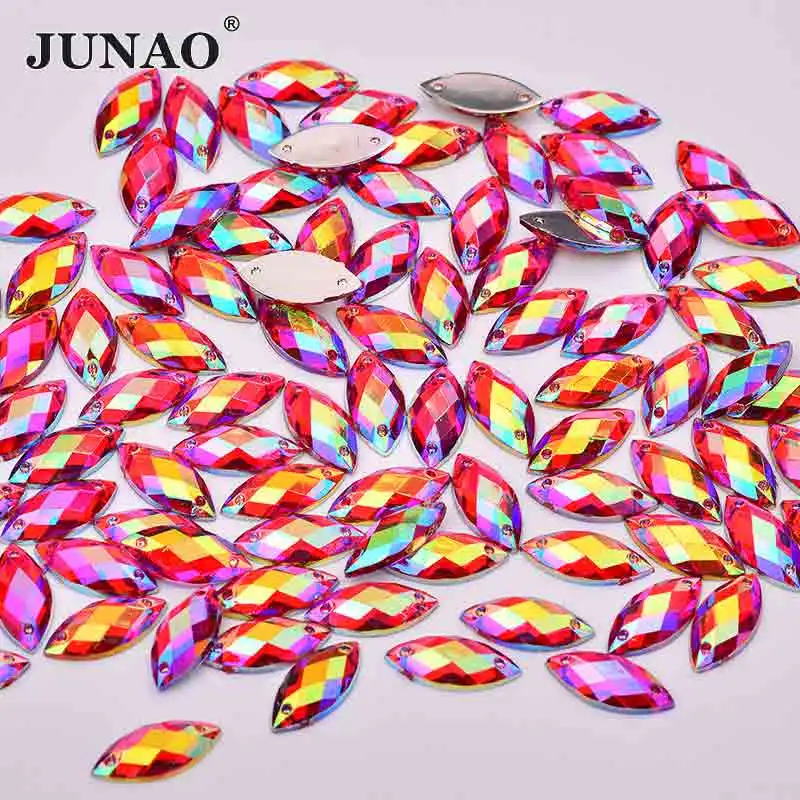 JUNAO 100 Stück 7*15mm Rosa AB Nähsteine Flache Pferdeaugensteine zum Aufnähen Strass Kristall Lose Acrylperlen für Handarbeiten – Detail 10