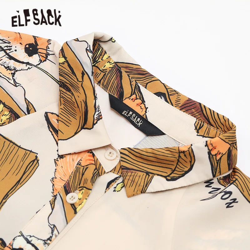  ELFSACK Fox Printed Vintage Chiffon Blouse Shirts Women 2019 Winter Korean Style Single Button Lant