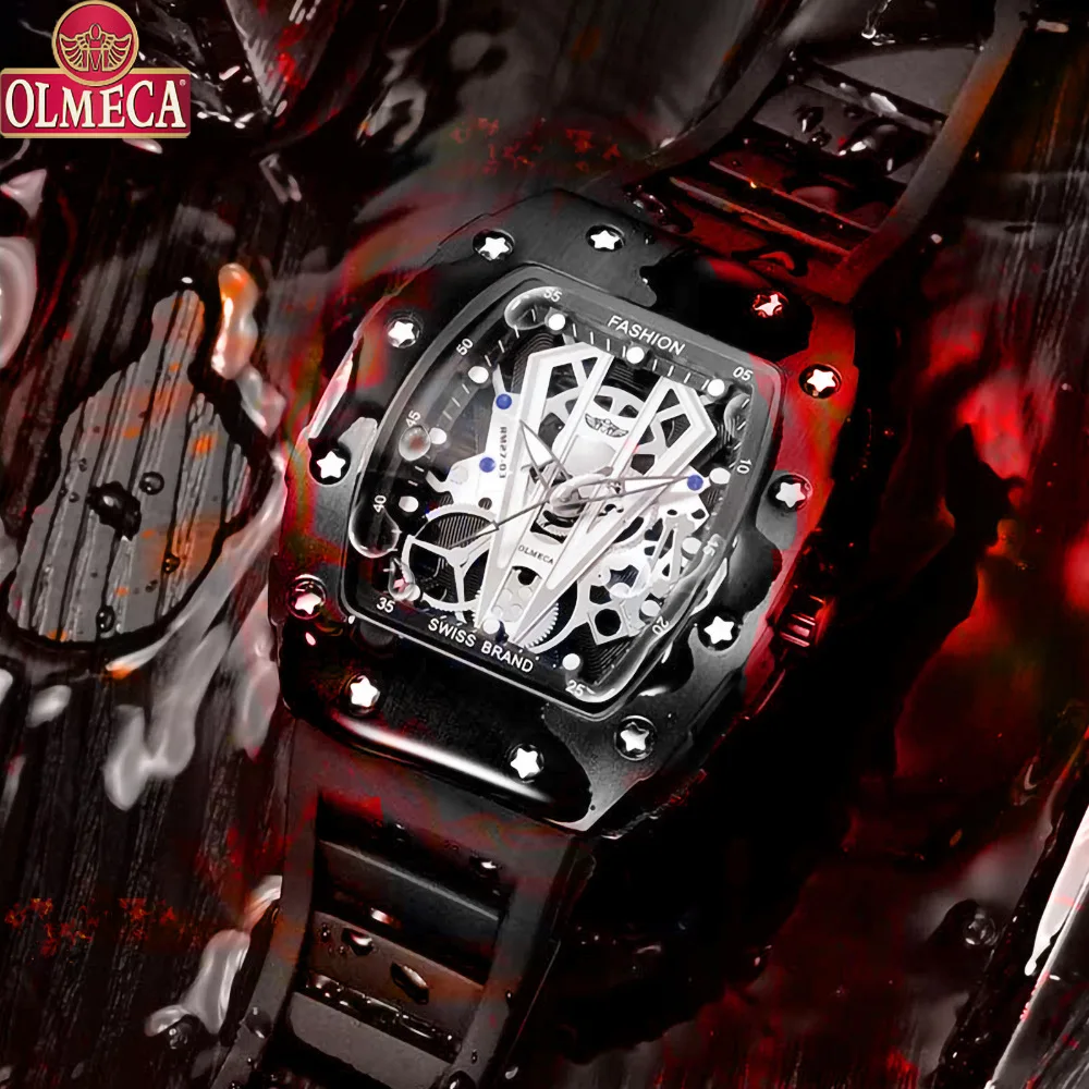 

OLMECA Top Brand Mens Watches Black Skeleton Quartz Watches Military Waterproof Luminous Watch Relogio Masculino Dropshipping