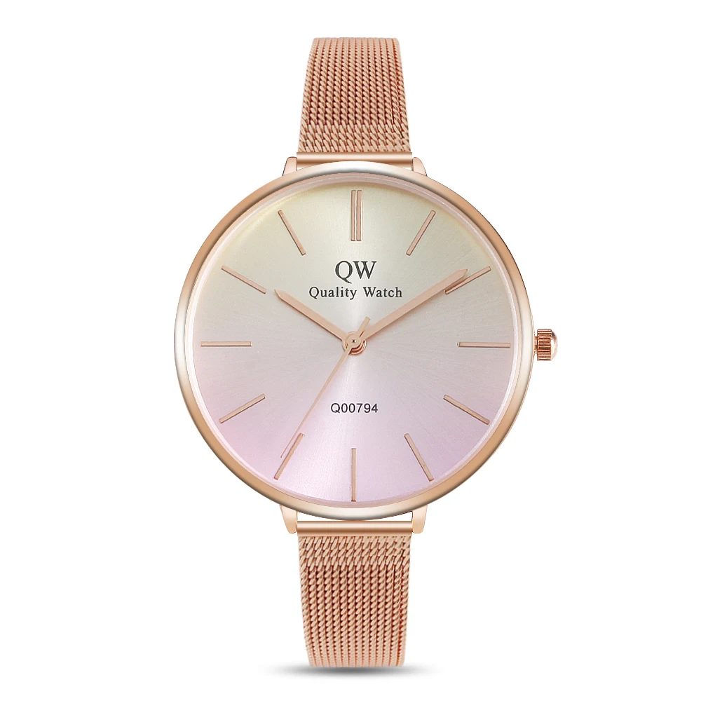 

QW Sports Women Fashion Watch Modern Quartz WristWatch Ladies Minimalist Watches Luxury Mesh Strap Rose Gold Watch