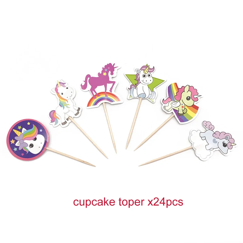 cake topperC x24pcs Радужный Единорог вечерние украшения одноразовая посуда Набор тарелка соломенная гирлянда для дня рождения украшения Дети взрослый ребенок душ - Цвет: cake topperC x24pcs