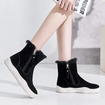 

2019 Winter Real Leather Shoes Women Plush Snow Boots Fashion Brand Ladies Warm footware with Fur Ankle Boots Female botas mujer