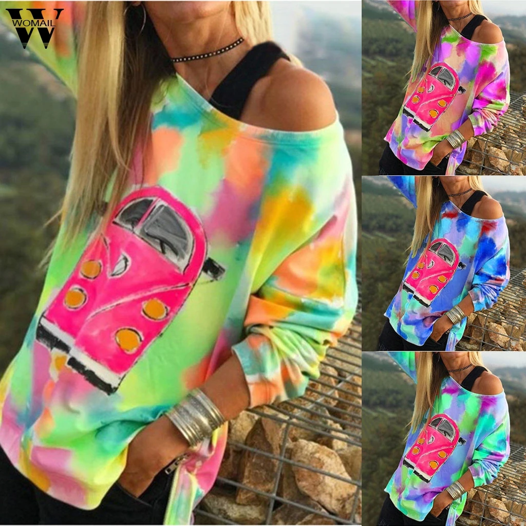 

Womail Sweatshirts Women's Fashion Muticolor Long Sleeve Off Shoulder autumn Blouse Plus Size Print Mujer Womens Sweatshirt S-L5