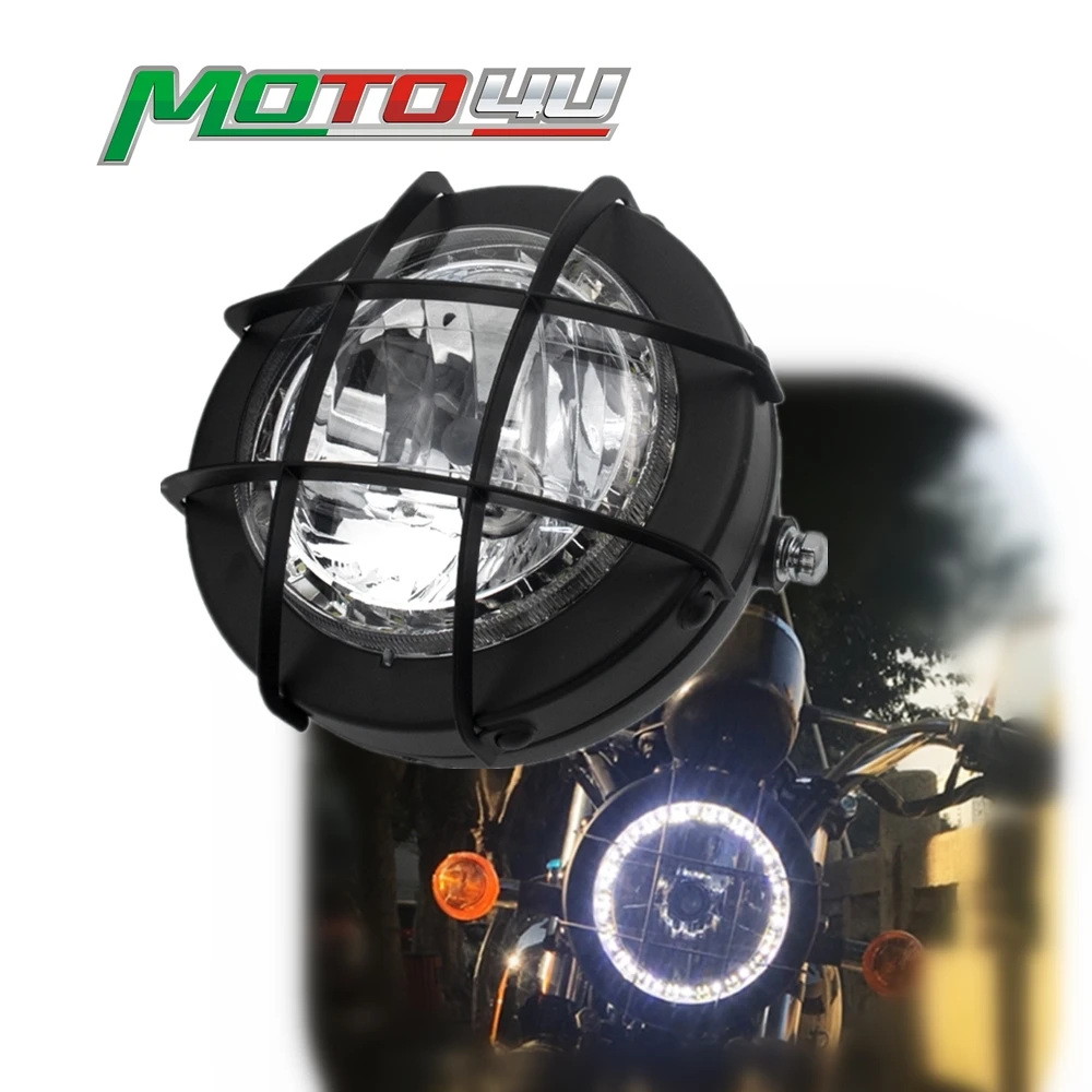 

6.9'' Cafe Racer Motorcycle Custom Headlight Tracker Grille Headlamp Motorbike Front Light LED Daytime Running Light Retro modif