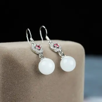 

Wholesale Natural Xinjiang White Jade Round Bead Long Earrings S925 Silver Inlaid Jade Ear Hooks Ladies Wild Earrings