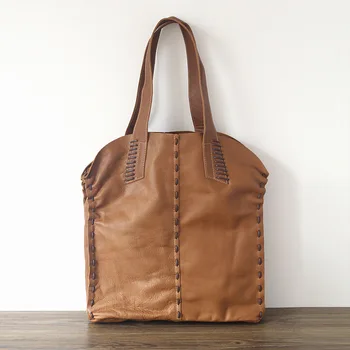 

Oversize Cow Leather Handbag Women Casual High Quality Big Capacity Top-handle with Loop Details Female Open Cowhide Leather Bag