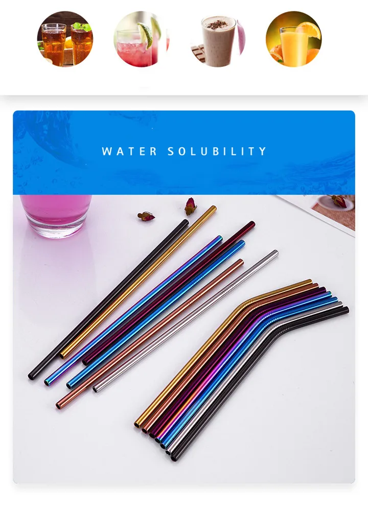 4pcs Reusable Stainless Steel Straws High Quality Metal Straw Straight Metal Silver Blue Black Gold Drinking Straw with Brush