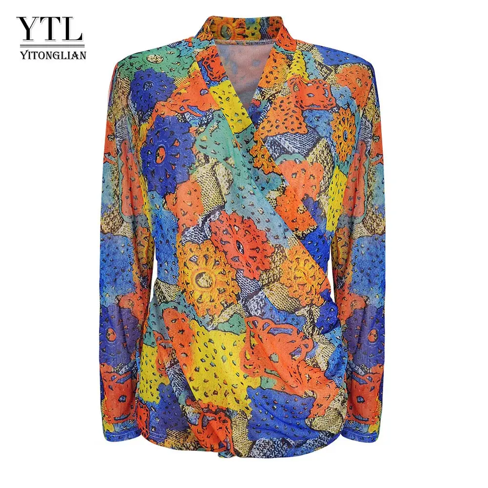 Multi-color YTL размера плюс, женская блузка с v-образным вырезом, скрученный подол, кружевная сетчатая блузка, рубашки, женская рубашка с принтом, длинный рукав, 4XL 6XL, H261 - Цвет: Multi-color