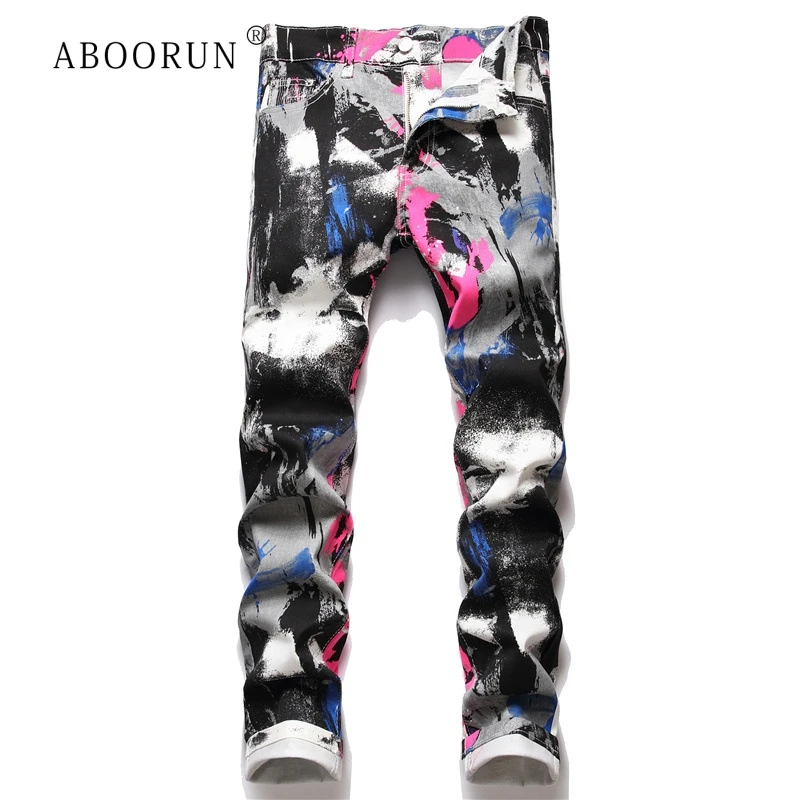 ABOORUN 2021 Men's Fashion 3D Graffiti Printed Jeans Hip Hop Streetwear Denim Pants for Male
