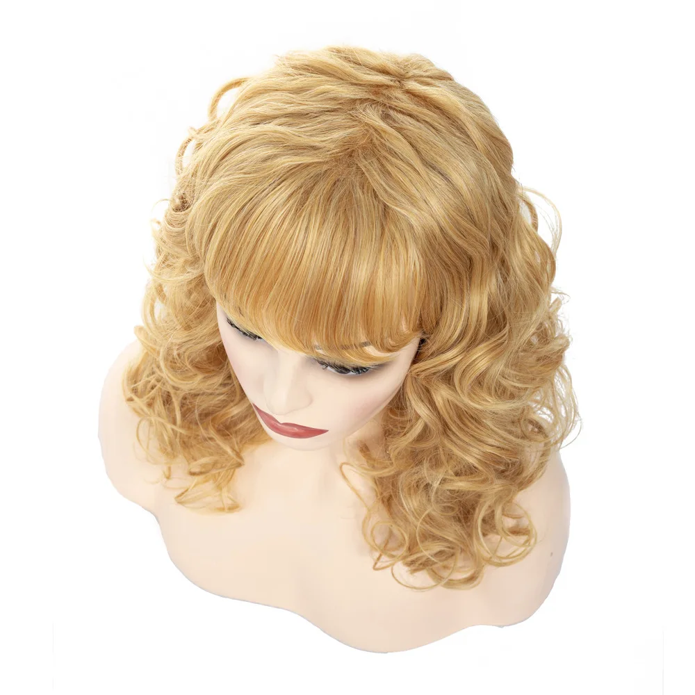 Golden air bangs curly hair synthetic wig Temperament woman long hair whole wigs High quality high temperature fiber material